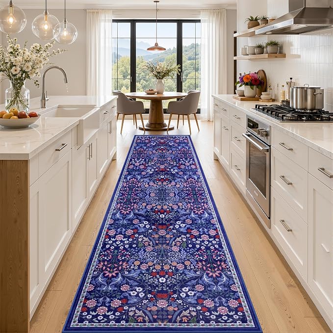 Runner Rug for Entryway: 2.6x14 Kitchen Rugs Non Slip Washable Ultra-Thin Soft Floral Carpet Indoor Floor Stain Resistant Carpets for Hallway Bedroom Kitchen Laundry Bathroom Dorm Blue
