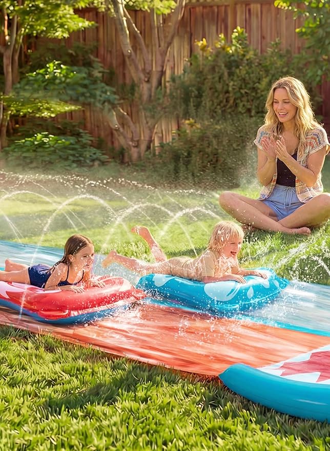 Sloosh Water Slides with 2 Inflatable Boards,22.5ft Double Lane Splash Slip Lawn Water Slide with Advanced Sprinklers Summer Toy for Kids Adults Fun Backyard Summer Outdoor, Shark