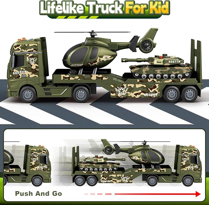 SpringFlower Toddler Boy Toys, 3 in 1 Large Army Truck Toy with Helicoper and Tank, Military Transport Truck Toy, Christmas Birthday Gifts for Kids 3 4 5 6 Years Old
