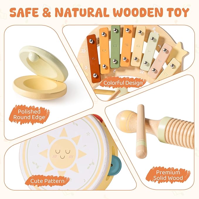 ROBUD Toddler Musical Instruments, Montessori Wooden Baby Musical Toys, Neutral Colors Musical Toys for Toddlers 1-3, Educational Percussion Set, for Boys and Girls(Star and Moon Theme)