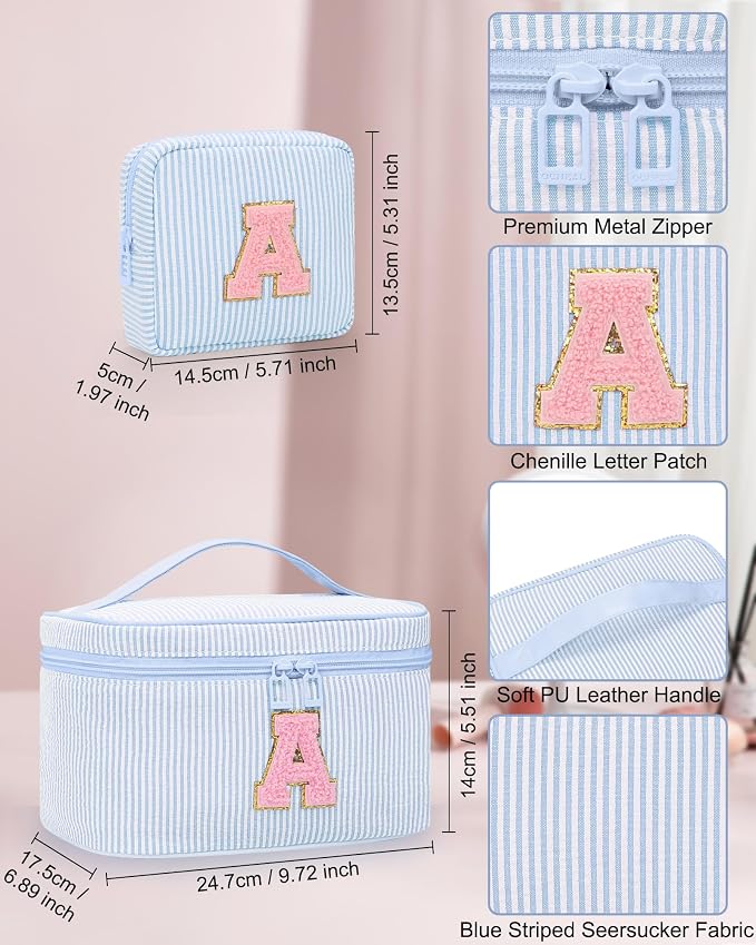 Initial Makeup Bag Cosmetic Bag Bridal Shower Gifts - Bridesmaid Bag,Bridesmaid Proposal Gifts for Wedding Day,Maid Matron of Honor Gift, Bride to be Gifts,Bachelorette Party Favors,2PCS,Blue T