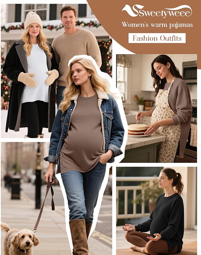 3 Pack Women's Maternity Shirts Long Sleeve Waffle Knit Side Split Oversized Tops Pregnancy Clothes Fall Tees