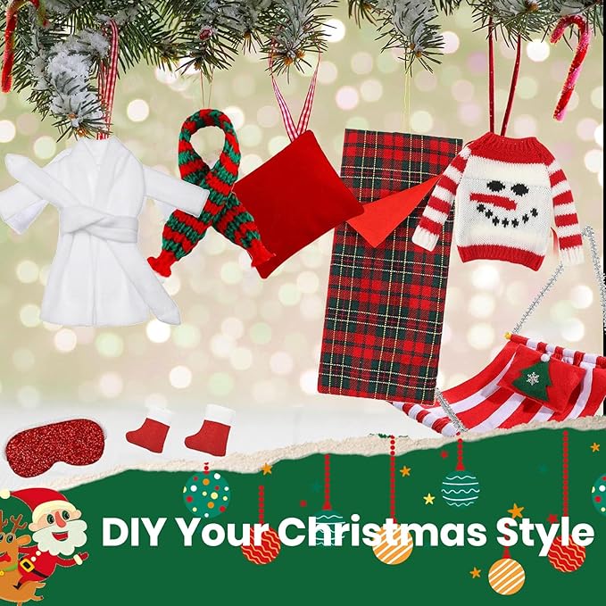 9PCS Christmas Doll Clothes Accessories Set Including Christmas Sleeping Bag Bathrobe Scarf Glasses Pillow Boots Sweater Eyepatch Hammock, Christmas Outfits for Doll Decor, Gift for Kids Boys Girls