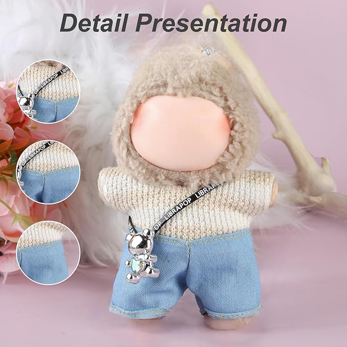17cm Doll Clothes Set (No Doll) – Outfit with Hat & Overalls, Handmade Accessories for Mini Dolls, OB11-Compatible Dress-Up Gift (Little Bear)