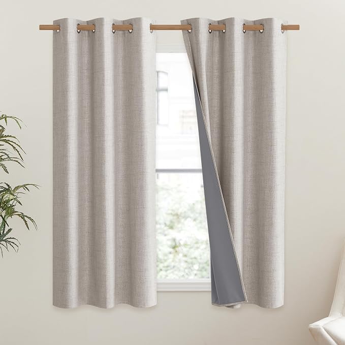 NICETOWN Brich Vintage Open Linen Weave Flax Thermal Curtains, 100% Blackout Curtains 54" Long for Dining Room, Soundproof Window Treatment Drapes for Kitchen, 42" Wide Per Panel, Set of 2
