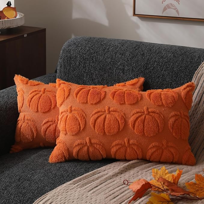 DFXSZ Fall Pillow Covers 12x20 2Pcs Orange Pumpkin Fall Decoration for Home | Fall decor Set of 2 Throw Pillow Cases Soft Plush Faux Fur Wool Couch Cushion for Chair Sofa Bedroom Living Room Home Decor