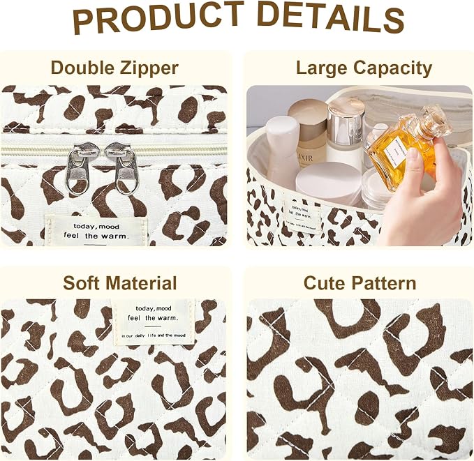 GISMTR 3Pcs Makeup Bag Cotton Quilted Travel Cosmetic Bag Cute Floral Makeup Pouch Large Toiletry Bag for Women Girls