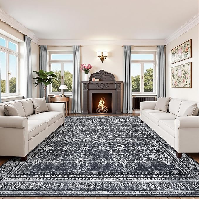 9x12 Area Rugs for Living Room, Black Washable Non-Slip Large Carpet | Soft Area Rug for Bedroom Dining Room Home Office Indoor Nursery, Stain Resistant, Low Pile, Vintage Boho Distressed Rug