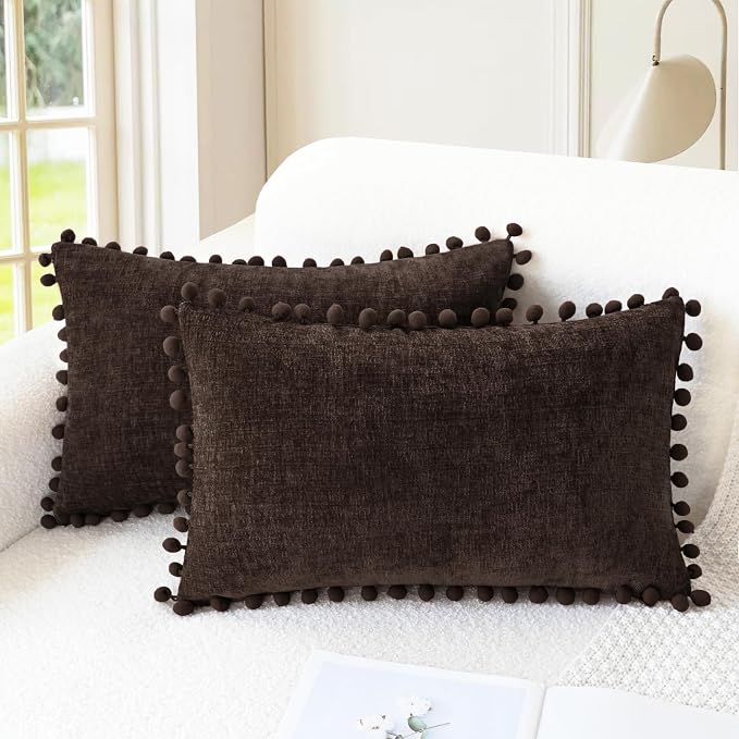 CaliTime Decorative Couch Throw Pillow Covers 20 X 12 Inches Coffee | Pack of 2, Cozy Chenille Cushion Cases, with Pom Poms for Sofa Bed Living Room Farmhouse Home