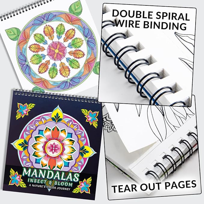 FUNLAVIE Adult Coloring Book - Mandala Coloring Books for Adults Relaxation and Teens Stress Relief, Featuring Large Print Mandalas Insect & Bloom Patterns for Women Mindfulness, Spiral Bound