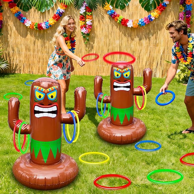 25" Inflatable Luau Tiki Pool Toss Games, Tiki Pool Ring Toss Toys with 4 Rings for Adults Indoor Outdoor Tropical Summer Swimming Inflatable Bean Bags Toss Hawaiian Luau Party Supplie