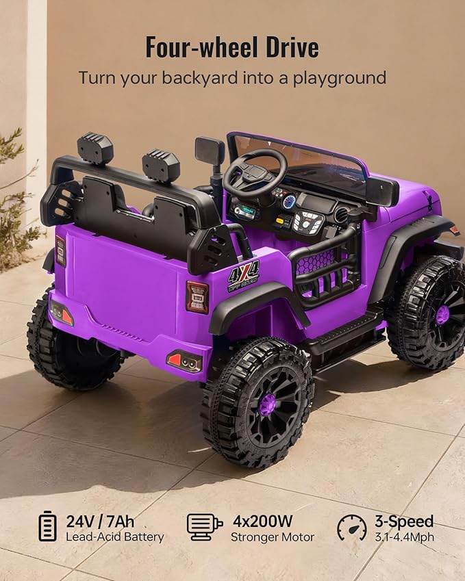 Outfunny 2 Seater Ride on Car Toy, 24V 4WD Electric Car for Kids 4-8 with Remote Control, 4x200W Motors, Capacity 150 lb - Purple