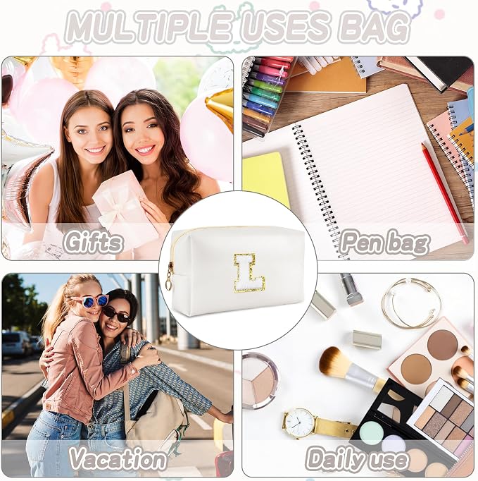 URSKYTOUS Gifts for Girls Initial Makeup Bag Personalized Cosmetic Bag with Zipper Cute Travel Toiletry Bags Waterproof PU Preppy Makeup Pouch Birthday Gift for Teen Girls Women(White L)