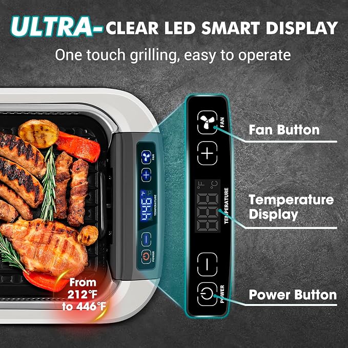 Smokeless Indoor Grill, CUSIMAX Electric Grill 1500W Korean BBQ Grill White | Adjusting Temperature/Smart LED Display/Non-stick Removable Grill Plate/Turbo Smoke Extractor/Tempered Glass Lid/Easy Cleanup