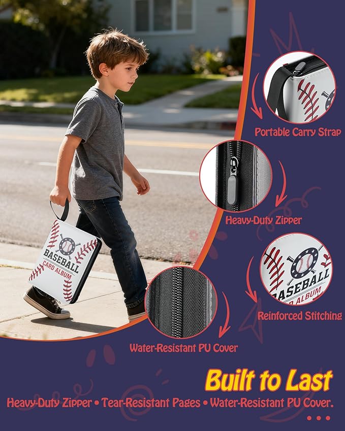 Best baseball card binder 4-Pocket holds 480 cards, 120 pages side-loading, PU leather zip waterproof cover, acid-free pages, for home storage & card shows, baseball cars binder, gift kids boys girls!