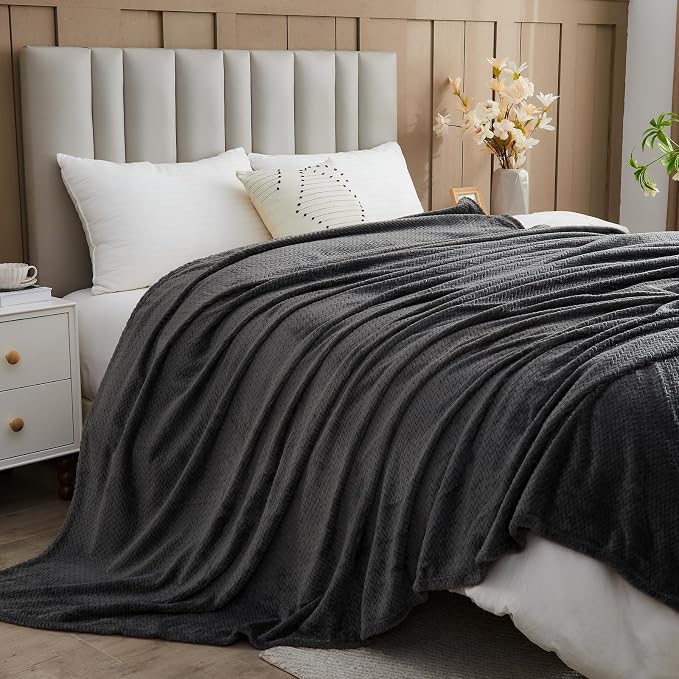 NEWCOSPLAY Fleece Leaves Pattern Throw Blanket, Dark Grey, 50"x60" | Super Soft Throw Blanket, Lightweight Cozy Bed Sofa Blanket, Premium Silky Flannel Fleece, Travel Blanket for All Season Use