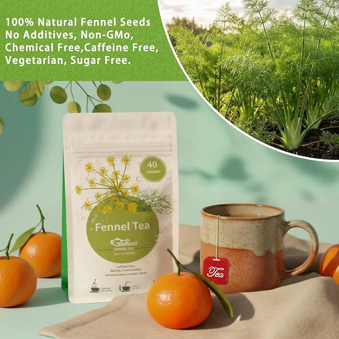 Samcci - Fennel Tea,4g×40 Teabags,100% Natural & Pure Fennel Seeds Herbal Tea - Non-GMO - Caffeine-free - Helps Improve Digestion & Immune System