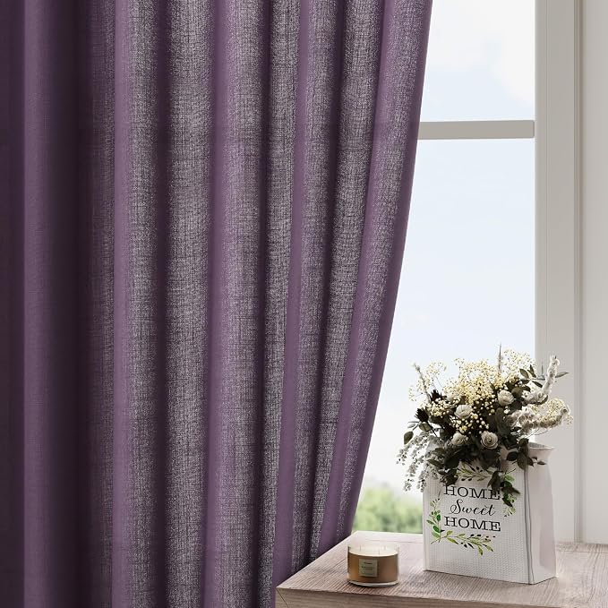 Nanspring Plum Linen Curtains 84 Inch Length 2 Panels Set for Living Room Rod Pocket Back Tab Light Filtering Window Drapes for Bedroom Dining Room Protect Privacy Country Farmhouse Decor 52x84