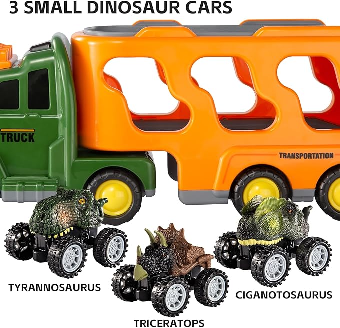TEMI Dinosaurs Truck Toys for Boys Kids 3-5 Years, Transport Car with 3 Dinosaur Figures and 3 Monster Cars, Friction Powered Toy Vehicle in Carrier with Light and Sound, Toddler Play Gifts Set