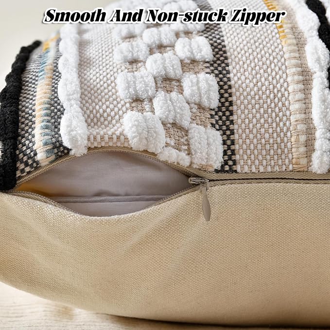 Set of 2 Chenille Striped Textured Boho Throw Pillow Covers Aesthetic with Tassels Woven Decorative Pillow Case for Couch Bed Sofa Bedroom Modern Funky 18 x 18-Inch Black