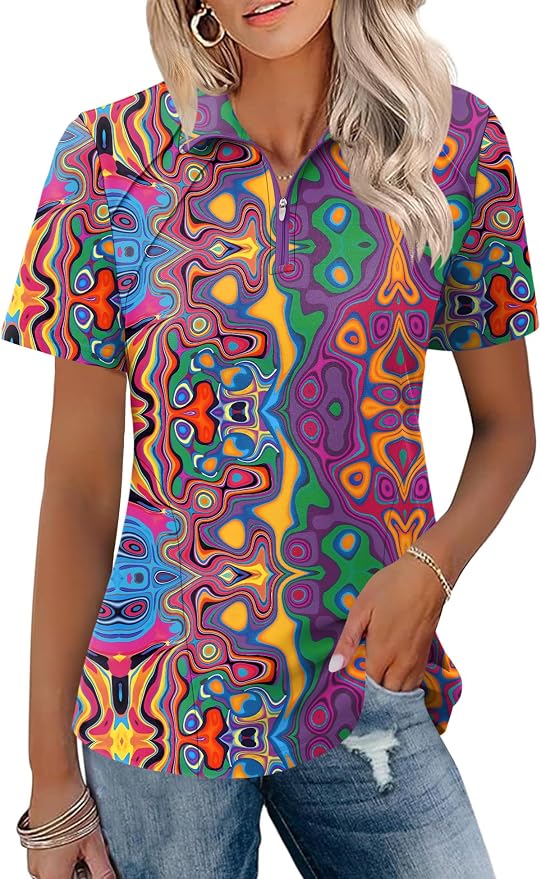 LOMON Womens Golf Polo Shirt Summer Short Sleeve Quarter Zip Outfit | Side-Pockets,Princess Seams,Cotton,Wrinkle Free,Moisture Wicking,Quick-Dry,Lightweight,Collared,for Tennis Workout