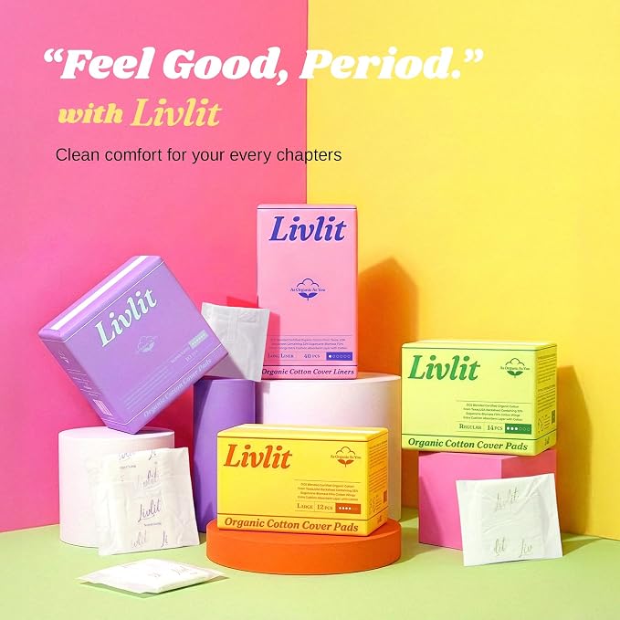 Livlit Large Size Ultra Thin Sanitary Pads, 100% Organic Cotton from Texas, Powerful Leak Protection, Unscented, Chlorine Free and Absorbency of Feminine Periods, Pads for Women (32 Count)