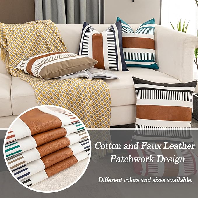 Set of 2 Decorative Faux Leather Pillow Covers 16x16 inch, Modern Boho Cushion Cover Set for Couch Living Room Bedroom Striped Accent Pillowcase Farmhouse Decor, Navy Blue