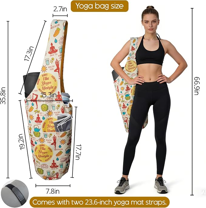 CosInStyle Heavy Duty Cotton Canvas Yoga Bag with Multi-Pocket Organizer, Large Capacity Gym Sports Bags, With 2 Bonus Mat Straps