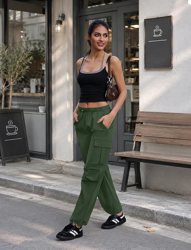 COPYLEAF Cargo Pants Women Elastic Waisted Parachute Hiking Pants with Pockets Water-Resistant Lightweight Baggy Pants