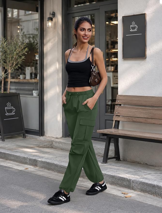 COPYLEAF Cargo Pants Women Elastic Waisted Parachute Hiking Pants with Pockets Water-Resistant Lightweight Baggy Pants