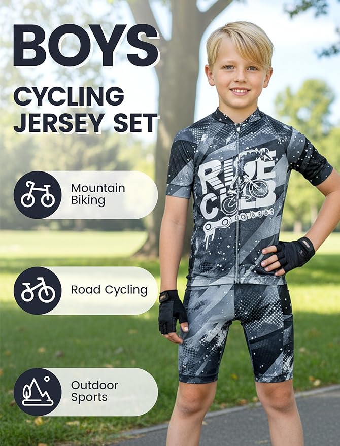 Gogokids Boys Cycling Jersey Set 3D Padded Bike Suit Kids Road Mountain Riding Shorts Bicycle Sportswear for 7-14Y