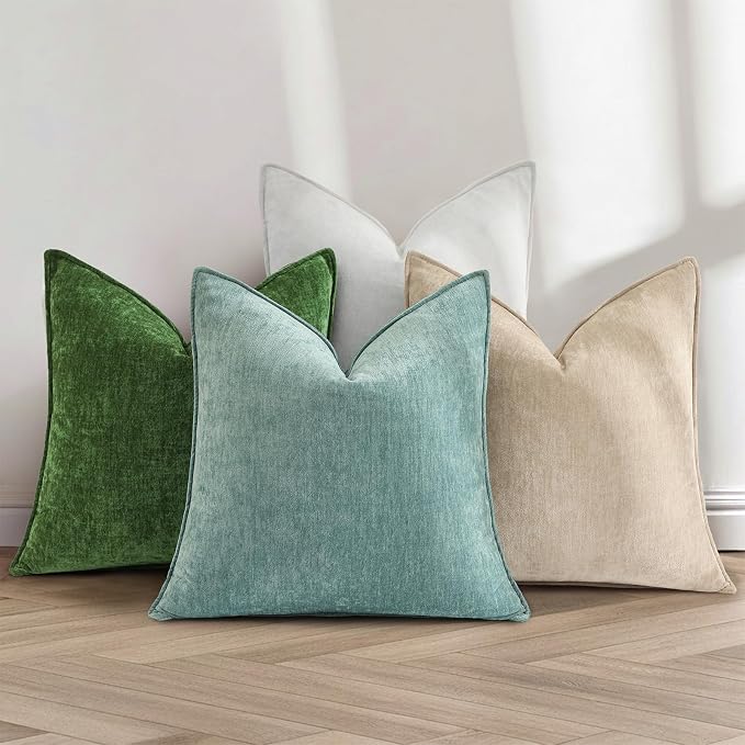 decorUhome Chenille Teal Velvet Throw Pillow Covers 22x22 Set of 2 | Fall Soft Euro Sham Couch Decorative Modern Farmhouse Pillow Cases with Elegant Design for Sofa Bed Living Room Home Decor