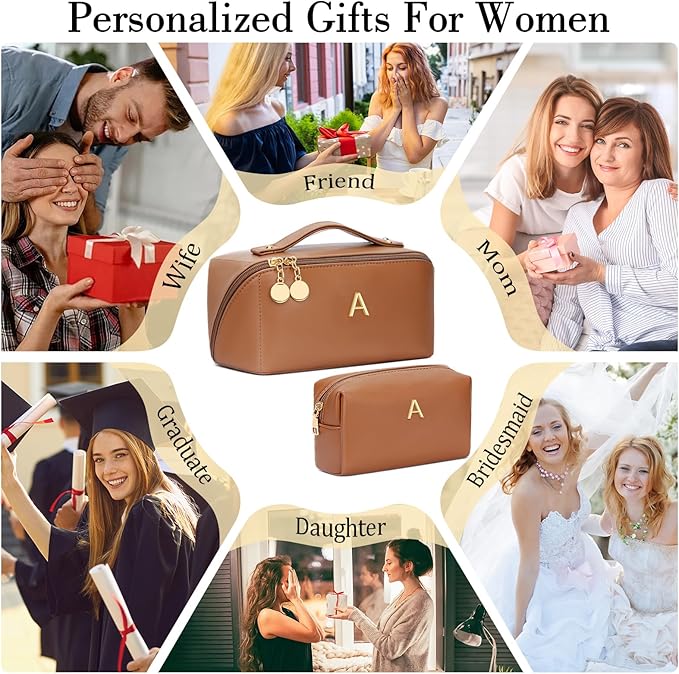 Birthday Gifts for Women Teen Girl, Personalized Initial Makeup Organizer Bag Set, Open Flat Travel Cosmetic Bag With Clear Divider and Handle(Brown,A)