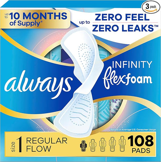 Always Infinity Feminine Pads for Women, Flexfoam Pads with Wings, Size 1, Regular Absorbency, Unscented, 108 Count (3 Packs of 36)