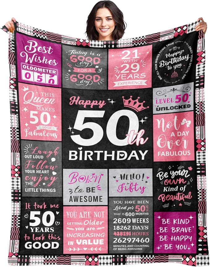 50th Birthday Gift for Her, Happy 50th Birthday Blanket for Women 50"x60" | 50th Birthday Decorations for Women, 50 Year Old Gifts for Women, 1976 50Th Birthday Gifts for Wife, Friend, Daughter, Sister