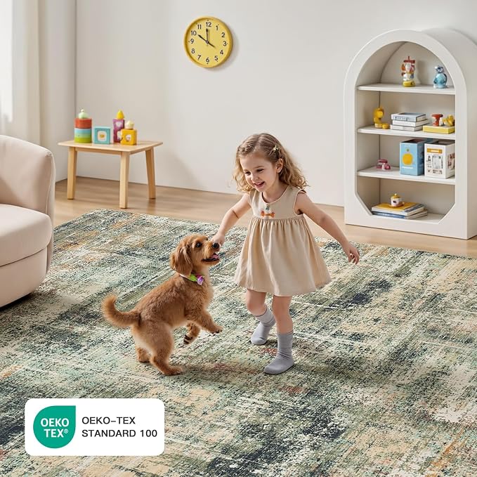 8x10 Area Rug for Living Room, Abstract Washable Large Rugs,Coffee/Green | Neutral Carpet for Bedroom, Dining Room, Home Office Nursery Indoor, Stain Resistant, Non-Slip, Low Pile, Modern Rug
