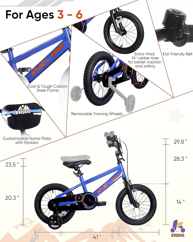 KRIDDO 14-16 Inch Kids Bike for Ages 3–8, Boys and Girls Bicycle with Removable Training Wheels, Bicycle for Kids with Hand Brake & Coaster Brake, Adjustable Height, DIY Name Plate