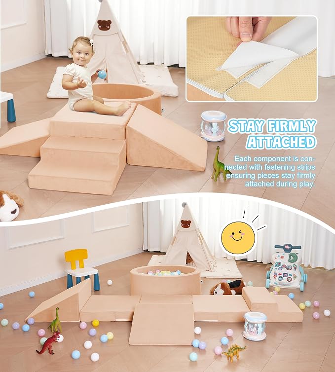 Elftopia Foam Climbing Blocks with Ball Pit & Stairs for Toddlers Aged 1-3 -Soft Playset for Indoor Crawling, Foam Playground Set for Baby to Active Playing Inside -(Balls NOT Included),Beige