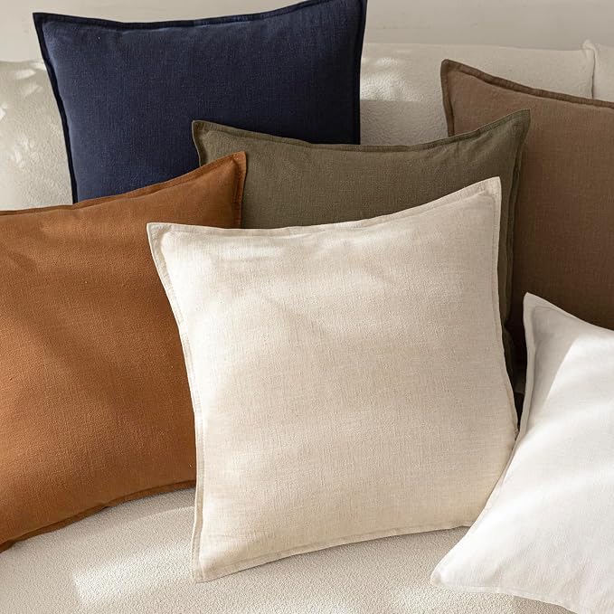 Foindtower Pack of 2, Decorative Linen Solid Throw Pillow Covers Soft Accent Cushion Case Boho Farmhouse Neutral Pillowcase for Couch Sofa Bed Living Room Home Decor 22 x 22 Inch Natural Beige