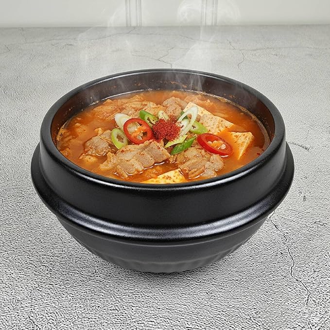 Korean Hot Pot Ttukbaegi 5.5 Inch Clay Cooking Bowl, Direct Fire Safe Ceramic Stew Pot for Soup, Rice, Noodle, Microwave & Dishwasher Safe Earthenware, Made in Korea, Black Mini Casserole