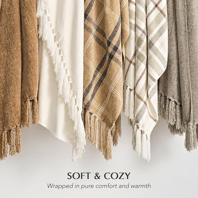 Chenille Knit Throw Blanket for Couch, 60"x80", Ivory White | Cozy Plush Fuzzy Knittd Throw with Tassels, Lightweight, Decorative, Farmhouse Decor, Ideal for Bed Sofa Gift, All Seasons
