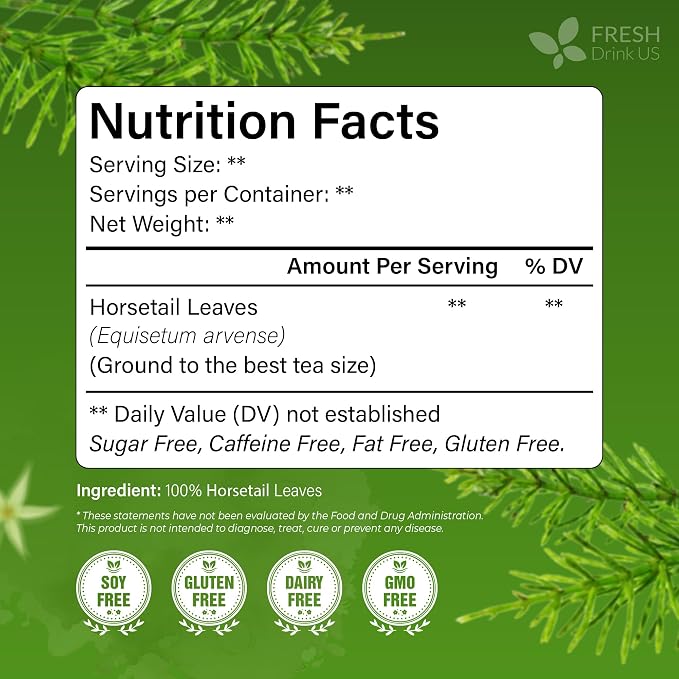 FreshDrinkUS, Premium 55 Horsetail Leaf Tea Bags, 100% Natural & Pure from Horsetail Loose Leaves Herbal Tea. Made with Natural Material Tea Bags. No Sugar, No Caffeine, No Gluten, Vegan.