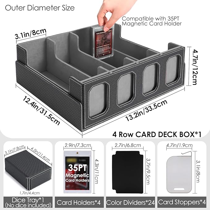 Trading Card Storage Box with Commander Display, 4-Row Deck Case with Removable Lid, 3200+ MTG Deck Box with 24 Colorful Divider, 4 Magnetic Card Holders, 4 Stoppers, Dice Tray(Black Grey)