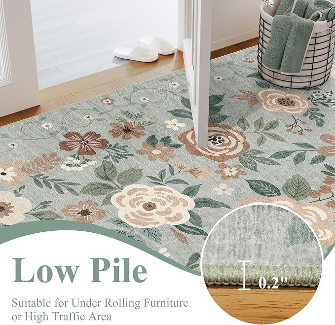 DUKINO 2.6x8 Runner Rug Washable Runner Rug for Hallway Non Slip Sage Green | Low Pile, Soft, Floral Indoor Rug for Kitchen, Entryway, Bedroom, Bathroom, Pet Friendly, Stain Resistant, Modern Home Decor