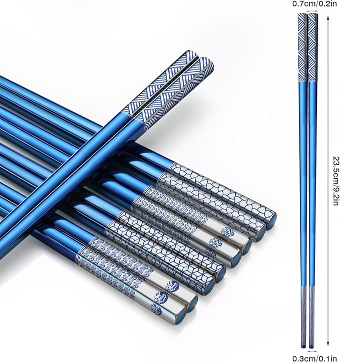 Metal Chopsticks - Reusable 18/8 Stainless Steel, Titanium Laser Engraved - Premium Lightweight Japanese Korean Chopsticks - Dishwasher Safe - 5 Pairs Gift Set (Blue)