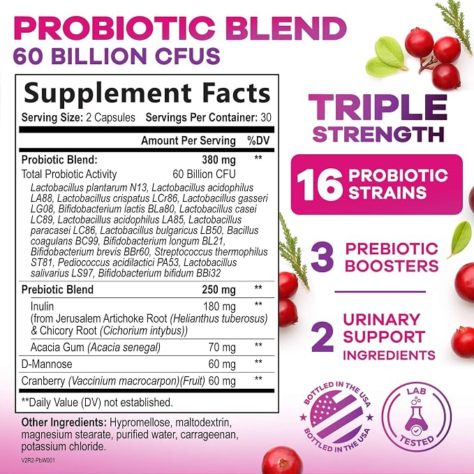 Probiotics 60 Billion CFU Per Serving for Women - 16 Unique Strains, Prebiotics Cranberry & Lactobacillus, PH Balance, Digestive & Gut Health, Vaginal & Immune Support, Women's Probiotic - 60 Capsules