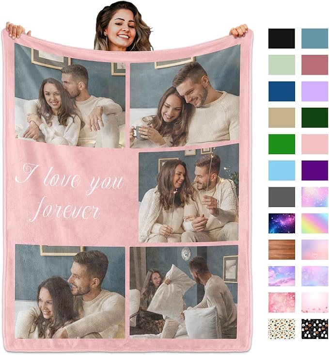 Custom Blanket with Picture Text, Personalized 5 Photo Blanket, HD Printing Customized Flannel Throw Blanket Gifts for Mom Dad Couple Girlfriend Boyfriend Wife Husband Christmas