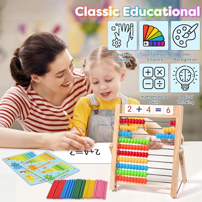 Wooden Abacus for Kids Math, Counting Toys for Toddlers Montessori Counters Beads Tools Preschool Homeschool Essentials with Sticks and Number Alphabet Cards