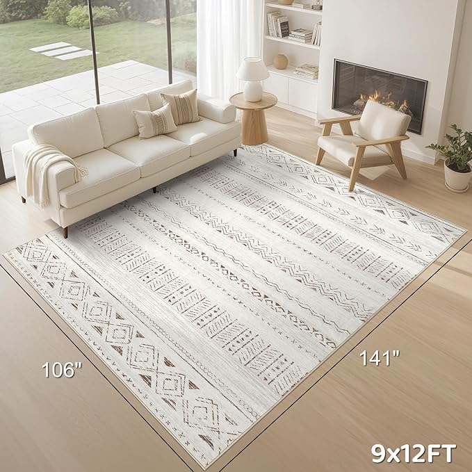 cotiled 9x12 Area Rugs Living Room Rug: Washable Boho Rugs with Non Slip Backing Large Soft Indoor Stain Resistant Carpet for Bedroom Farmhouse Dining Room Lightweight Home Decor L Brown/Cream