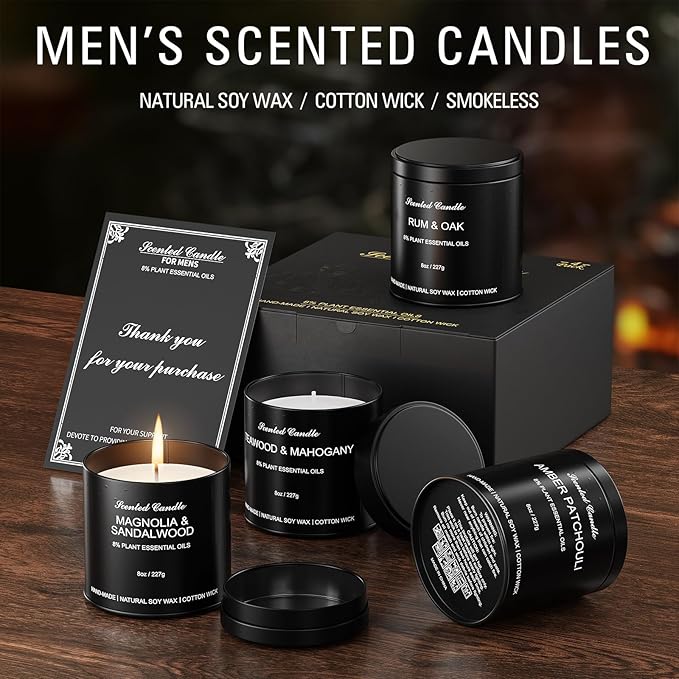 4 Pack 8OZ Scented Candles for Men - Candles Gifts for Men, Soy Wax, Cotton Wick, Birthday, Christmas, Anniversary Present, Valentine